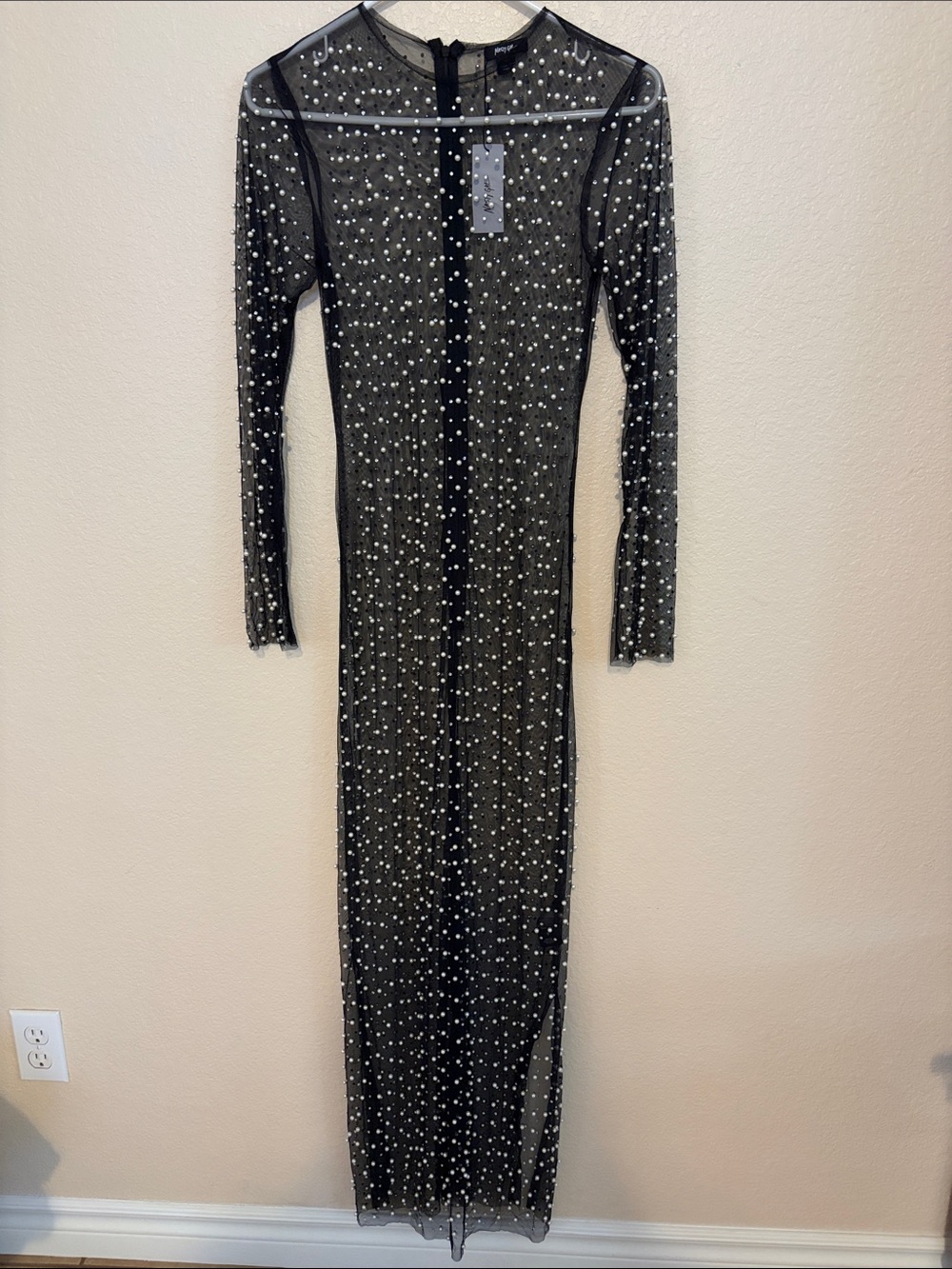 Nasty Gal Black Sheer Maxi Dress with Pearl Accents S-S